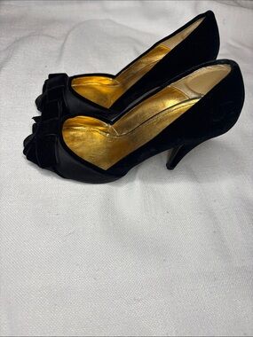 Zara Black Peep-Toe Heels with Gold Insole and Bow